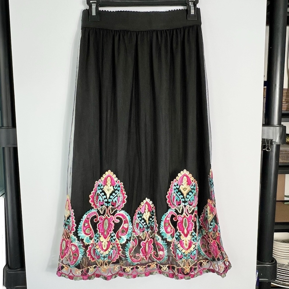 Magic By Mad Engine Womens Sz M Black Embroidered Mesh Overlay Midi Skirt VGC